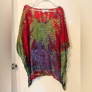 Vibrant Red Purple and Green Tie Dye  Splash Women's Dashiki Tunic